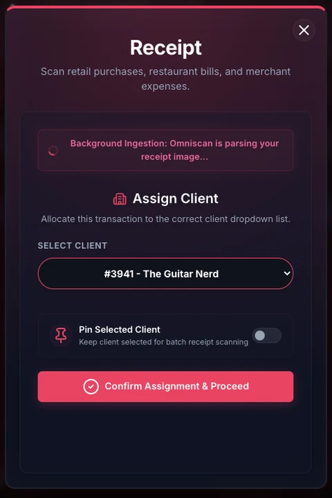 The same screen after the drop, in Full Edition: a list to pick which client the receipt belongs to, with a line across the top saying it is already being read in the background