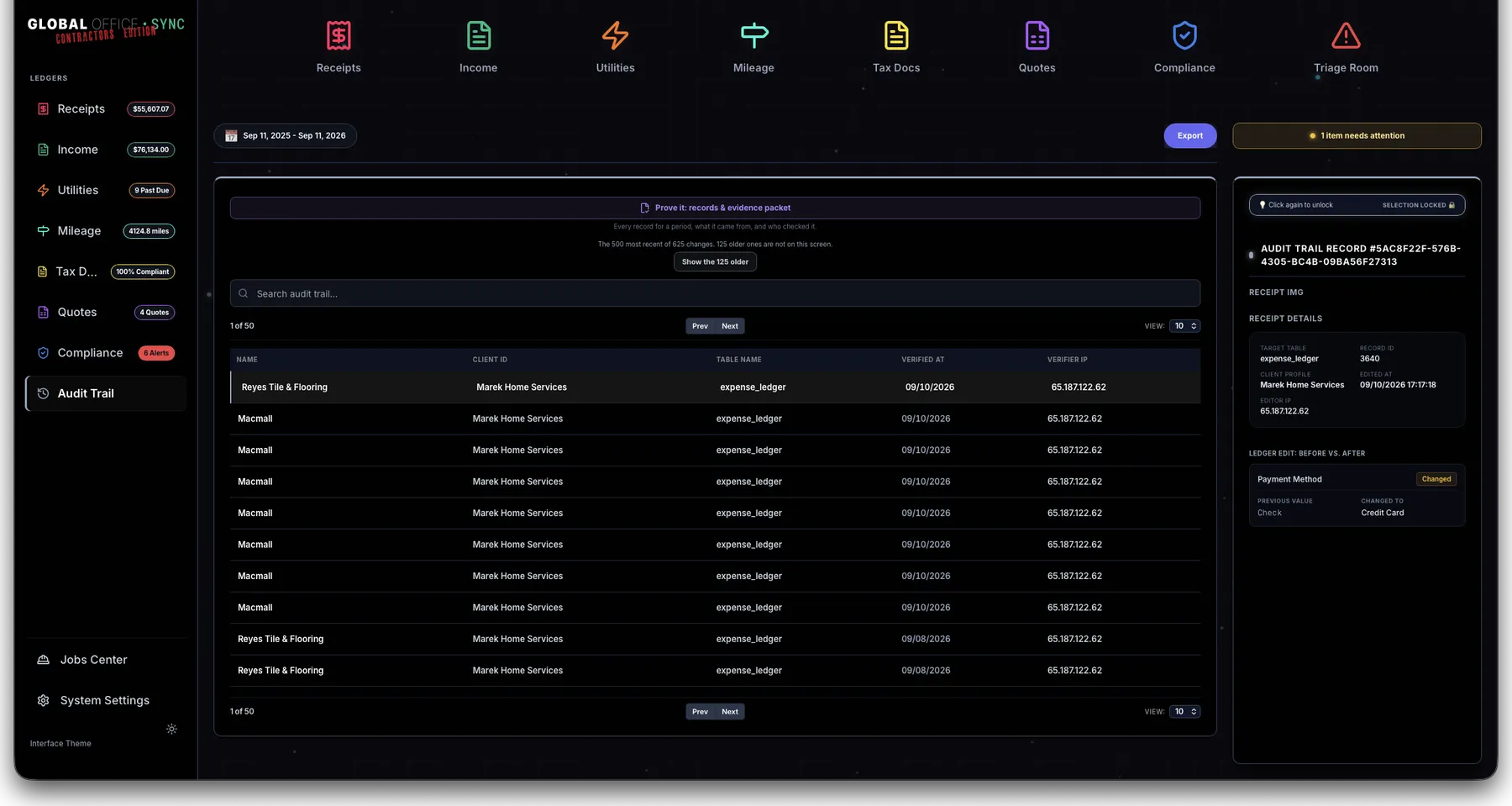 The Audit Trail on a full screen: a table of 625 changes by name, client, table and the address each was made from, with one row selected and its record open in a panel on the right