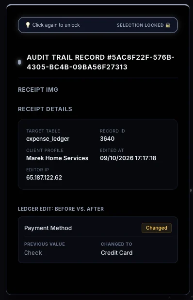 That record panel read closely: audit trail record number 5AC8F22F, the expense ledger row 3640 for Marek Home Services edited at 17:17:18 on 09/10/2026 from address 65.187.122.62, and underneath it the payment method marked Changed, with a previous value of Check and changed to Credit Card