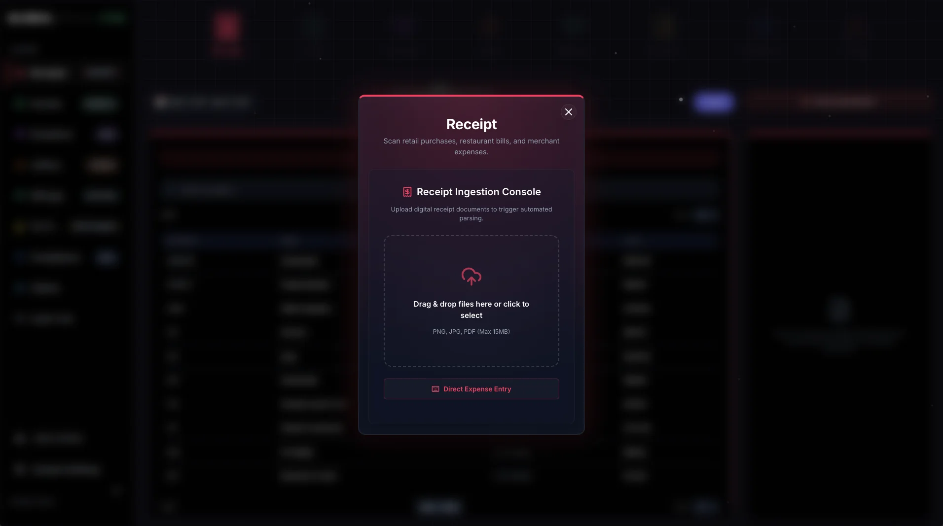 The Receipt engine open over the app: a drop zone for receipt photographs and PDFs, and a Direct Expense Entry button for something with no paper