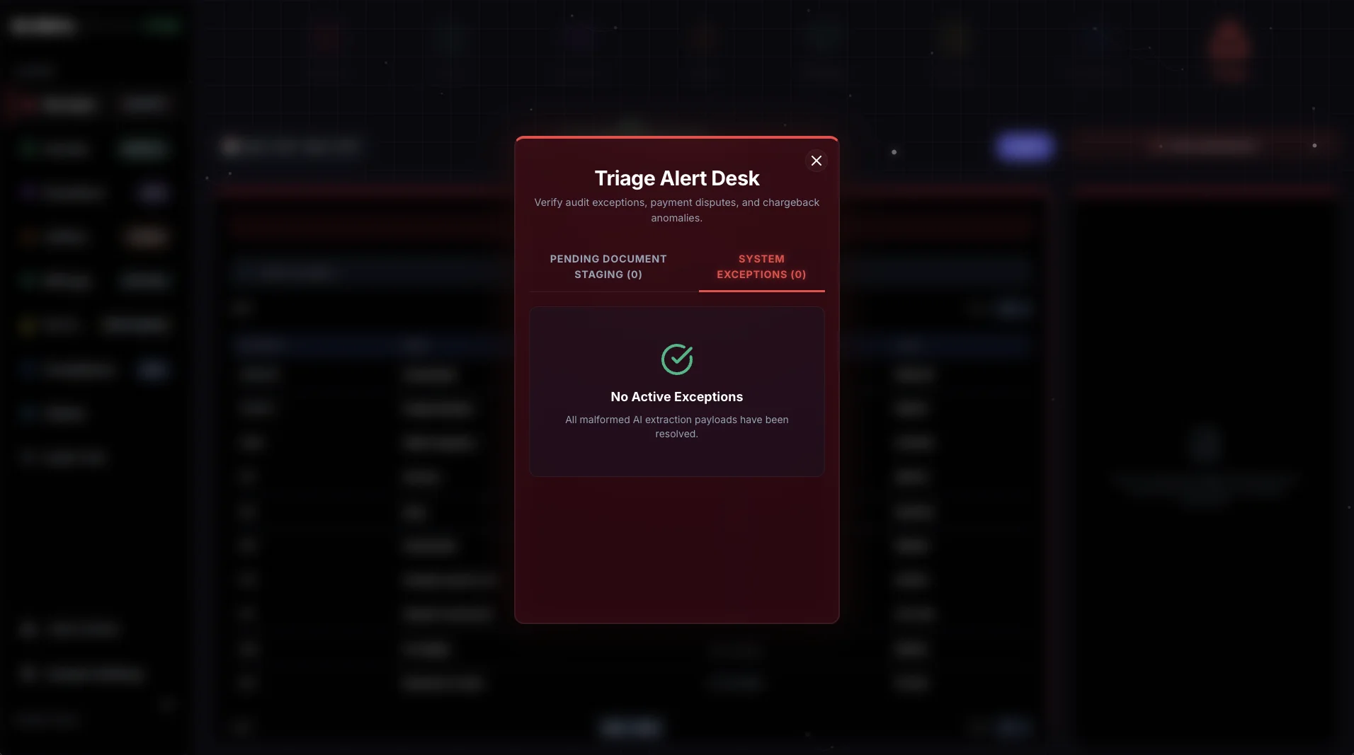 The Triage desk open over the app: documents waiting for a human to finish them, and none waiting right now