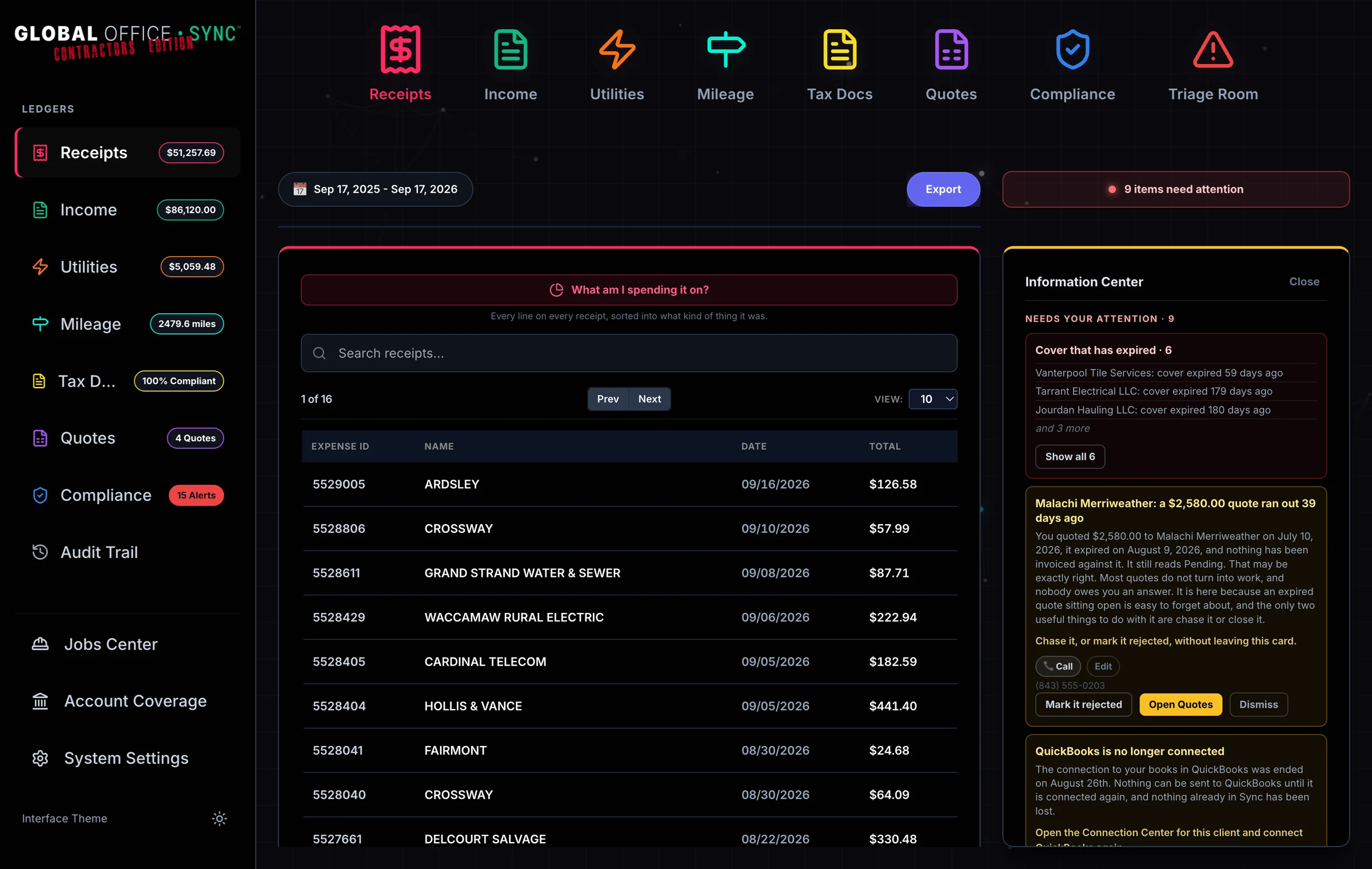 The Information Center open beside a contractor's Receipts ledger: 9 things needing attention, six subcontractors whose cover has expired, and a $2,580 quote that ran out 39 days ago with nothing invoiced against it