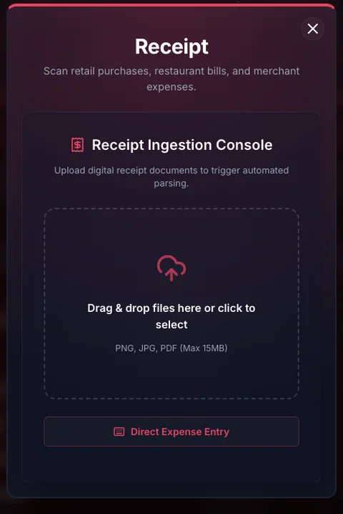 The Receipt ingestion console: a drop zone reading drag and drop files here or click to select, PNG, JPG or PDF up to 15MB, with a Direct Expense Entry button under it for something that has no document
