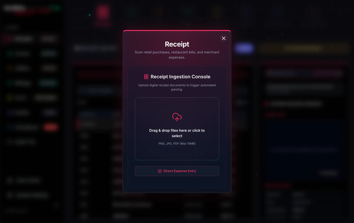 The Receipt window in Luminous Dark: dark glass over the blurred ledgers, with a drop zone for receipt photos and a Direct Expense Entry button