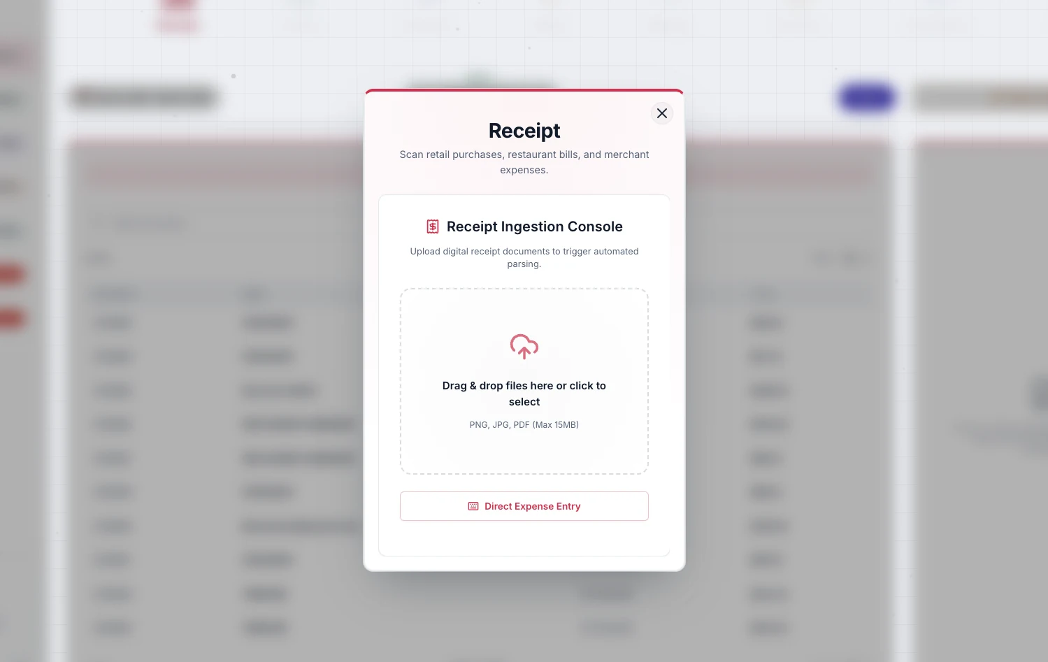 The same Receipt window in Tailored Light: white paper over the blurred ledgers, with the same drop zone and Direct Expense Entry button