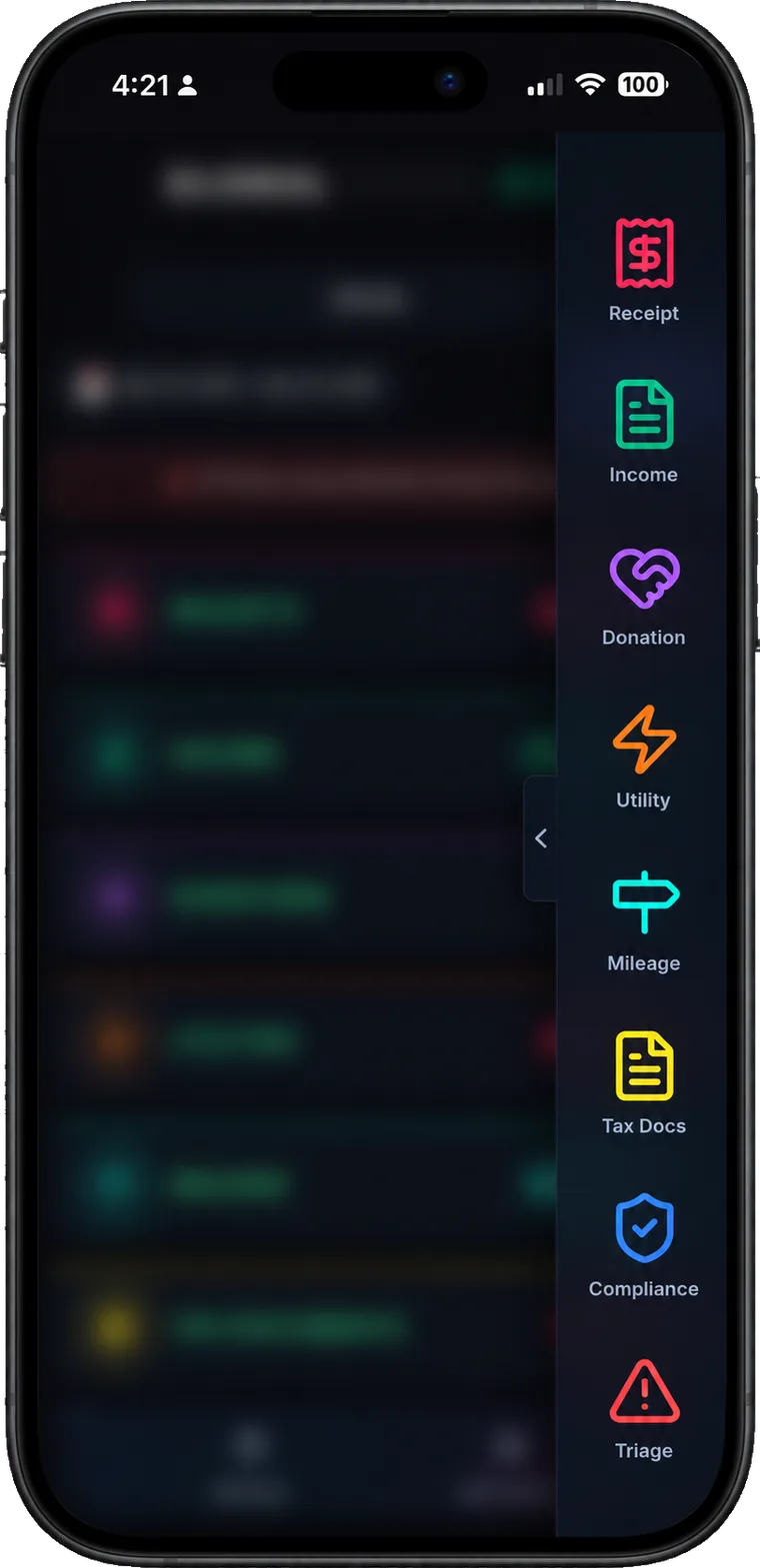 Global Office: Sync open on a phone, with the scanner rail out: eight buttons, one each for Receipt, Income, Donation, Utility, Mileage, Tax Docs, Compliance and Triage