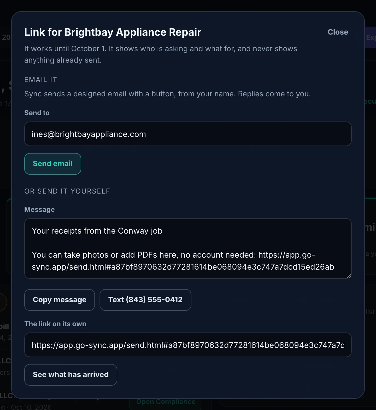 The link made for Brightbay Appliance Repair: it works until October 1, a Send email button with the client's address filled in, the message reading Your receipts from the Conway job with the link under it, and buttons to copy the message or text it