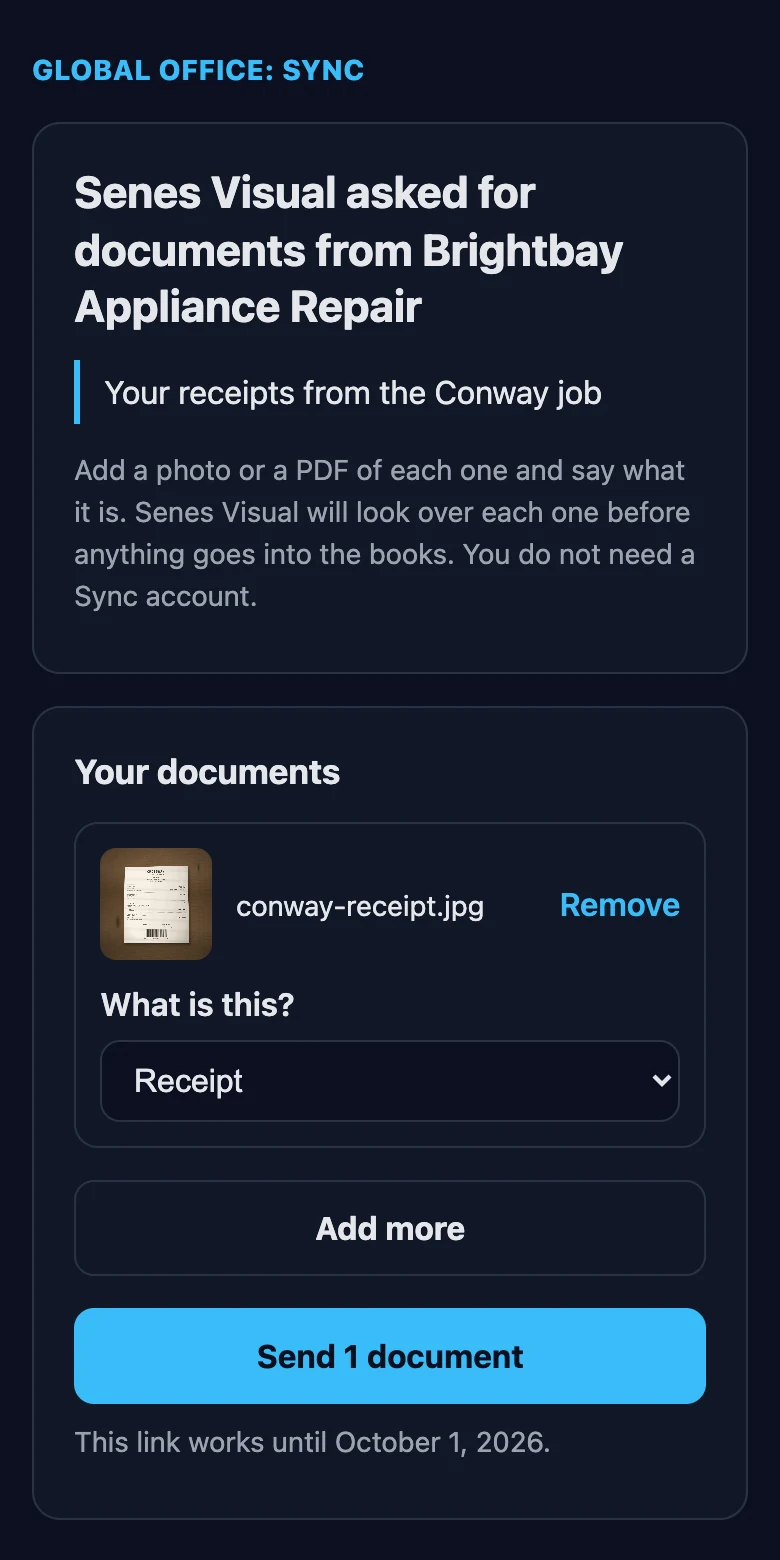 A document being added on a phone: one receipt photo attached and marked as a receipt, with a Send button under it and the date the link stops working