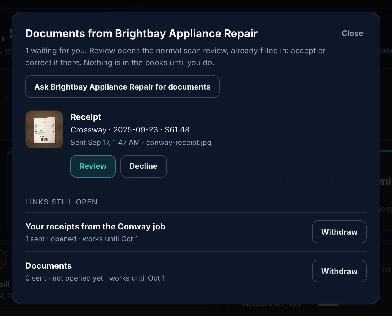 Documents from Brightbay Appliance Repair: one receipt waiting, read as Crossway, September 23, $61.48, with Review and Decline buttons, and the links still open underneath with a Withdraw button on each