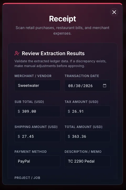 The review screen: merchant Sweetwater, the transaction date, subtotal, tax, shipping and total all filled in, with the payment method and the job underneath