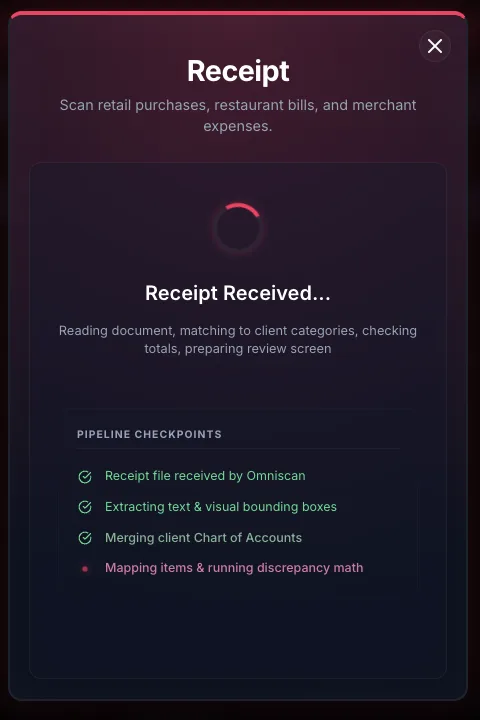 The same screen a moment later, reading the document: pipeline checkpoints ticking off as it receives the file, extracts the text, merges the client's chart of accounts and maps the line items